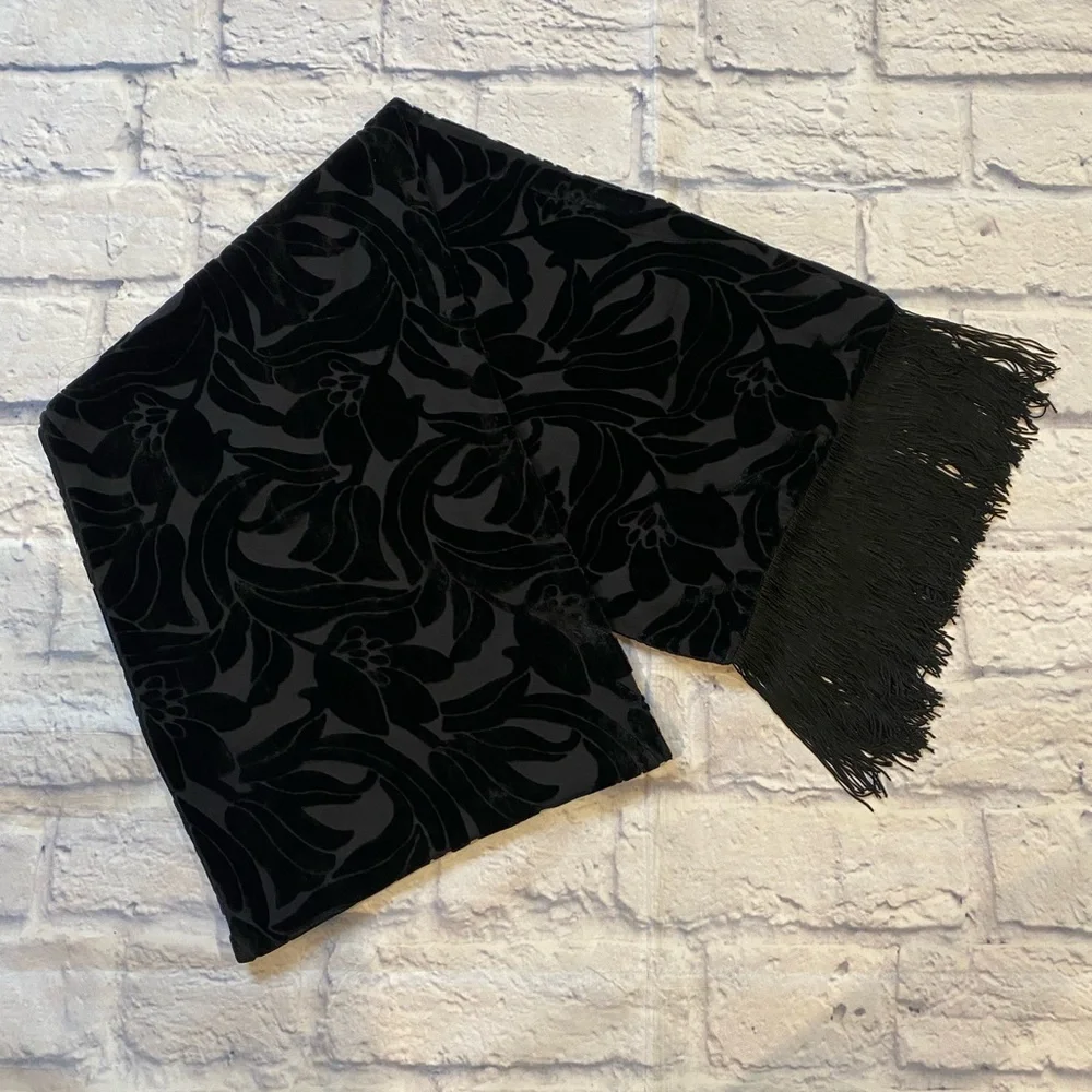 Unbranded Elegant Black Burnished Velvet Floral Scarf with Fringe Rayon & Silk